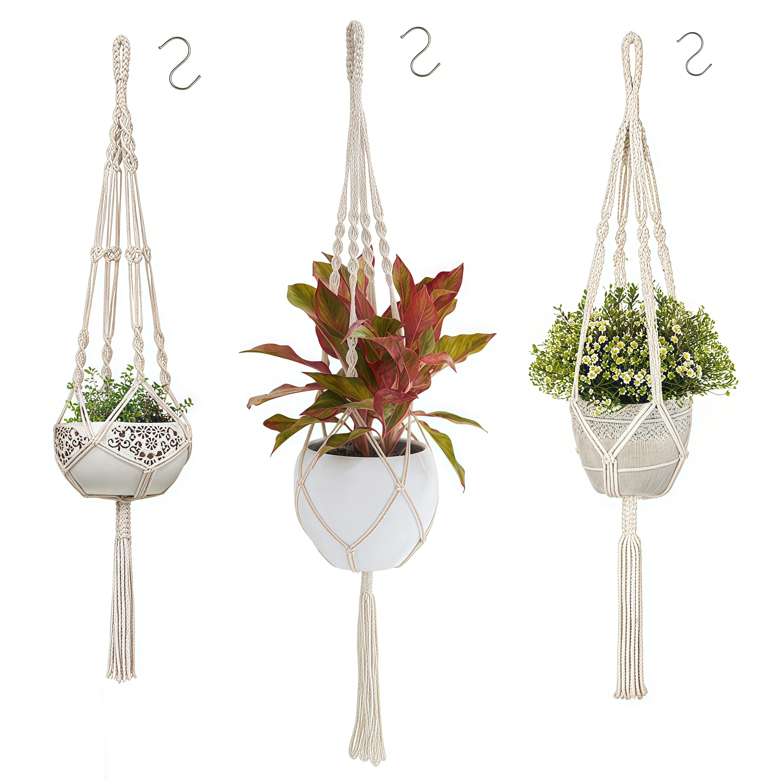 flintronic Plant Hangers, 3Pcs Cotton Rope Hanging Plant Hangers, Hanging Flower Pot Holder with Metal Ring and Tassels, for Indoor/Outdoor/Balcony/Wall Decoration, with 3Pcs S Metal Hook-105CM