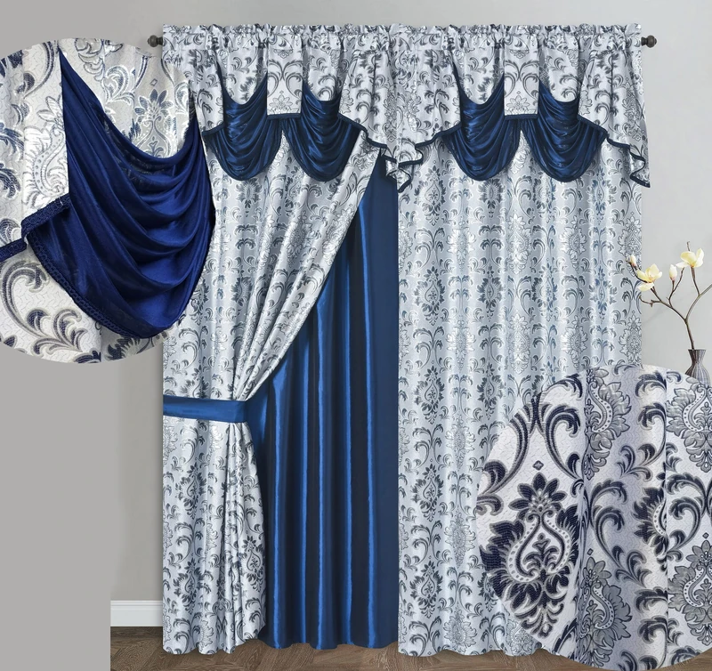 GOHD Samba Star. Jacquard Window Curtain Panel Drape with Attached Fancy Valance and Taffeta Backing. 2pcs Set. Each pc 54" Wide x 90" Drop with 18" Valance. (Navy Blue)