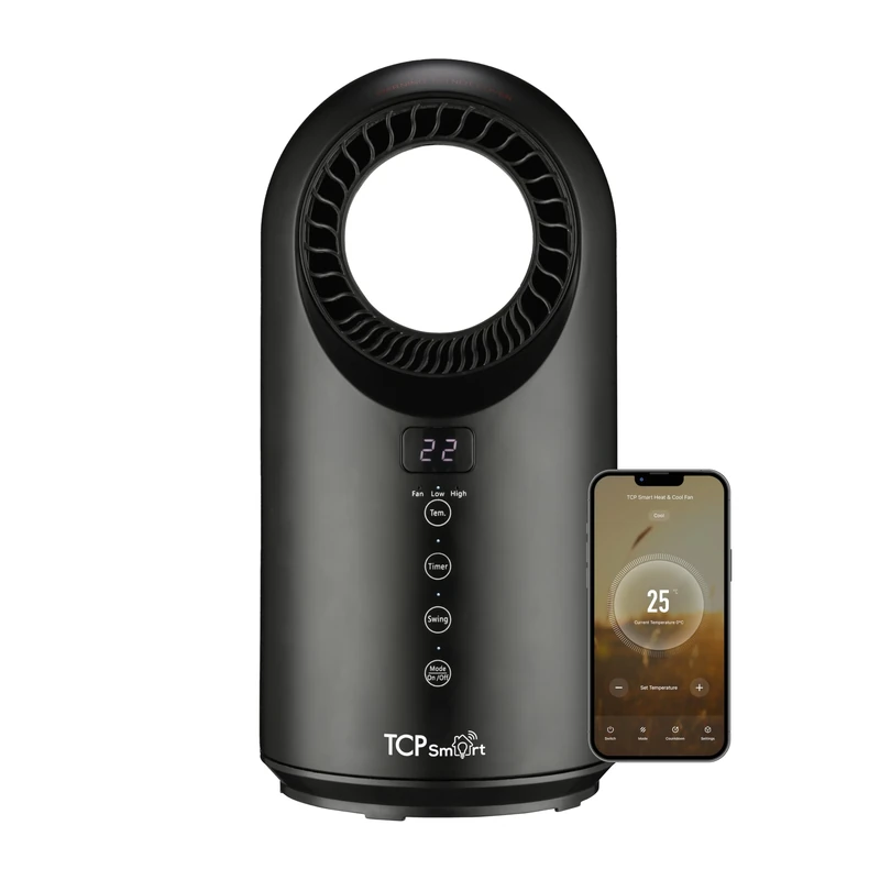 TCP Smart Portable Bladeless Heater Fan 1500w Black with App, WiFi, 2 Heat Modes & 1 Cool Mode, Voice Control Works with Alexa, Google Home & Siri Shortcuts, LED Display, Smart Schedules & Timers