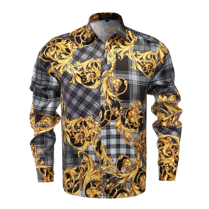 GSBOGOSSE Mens Luxury Brand Printed Silk Like Satin Button Down Dress Shirt for Party Prom Long Sleeve Slim Fit Floral Nightclub Shirt, Multicolored26, XL