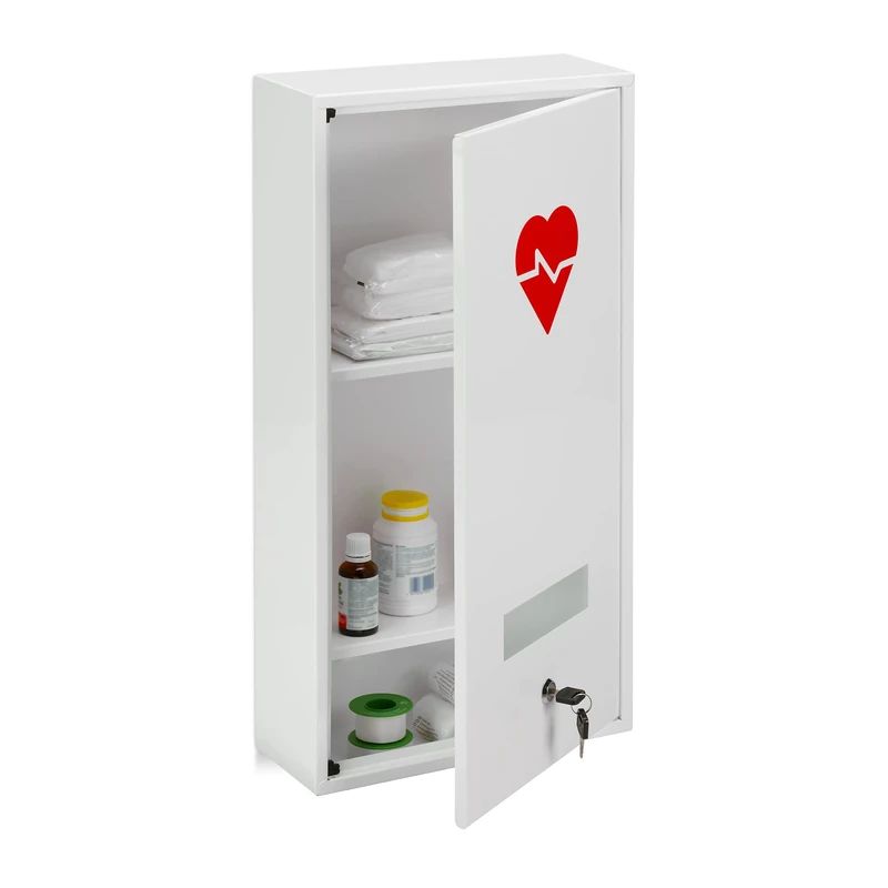 Relaxdays Medicine Cabinet, Lockable, 3 Compartments, Steel, HxWxD: 60 x 30 x 12 cm, Double Door, First Aid, White