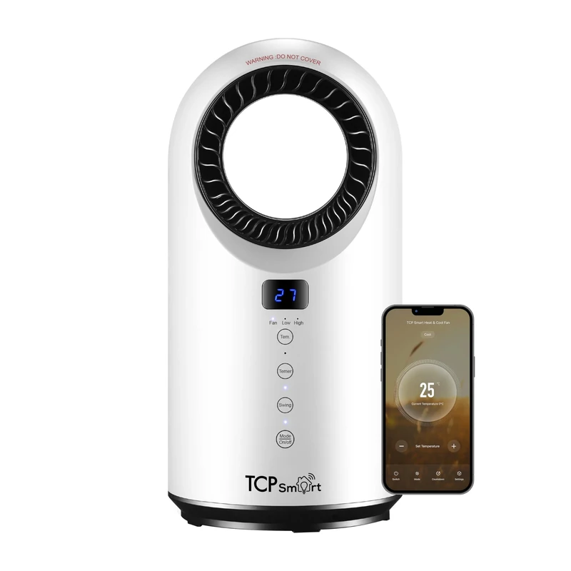 TCP Smart Portable Bladeless Heater Fan 1500w White with App, WiFi, 2 Heat Modes & 1 Cool Mode, Voice Control Works with Alexa, Google Home & Siri Shortcuts, LED Display, Smart Schedules & Timers