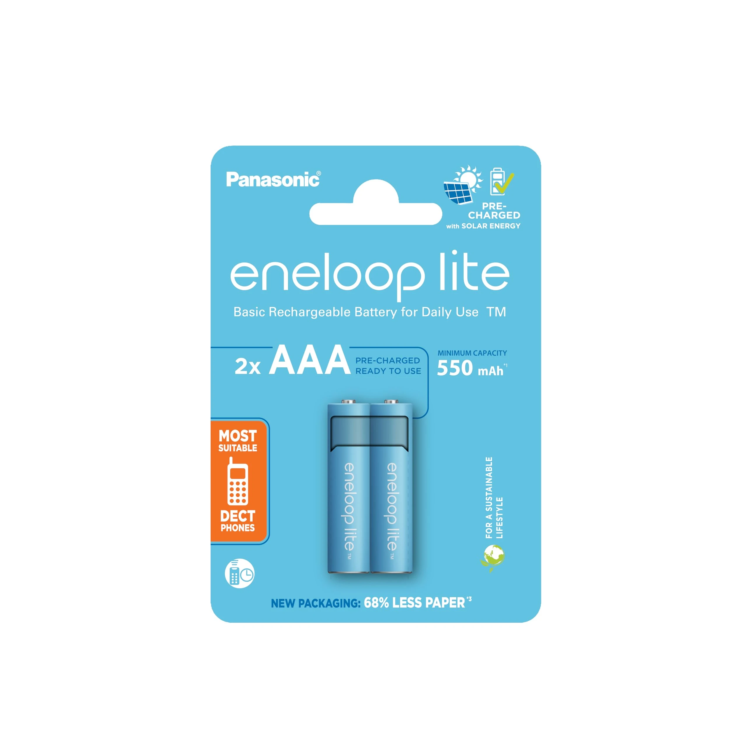 eneloop Lite, AAA/Micro, Rechargeable Battery, Pack of 2, Capacity of 550 mAh, Ready-to-Use Ni-MH Batteries, 3000 Recharge Cycles, Plastic Free Packaging, Lite, Blue, Ideal for Dect Phones