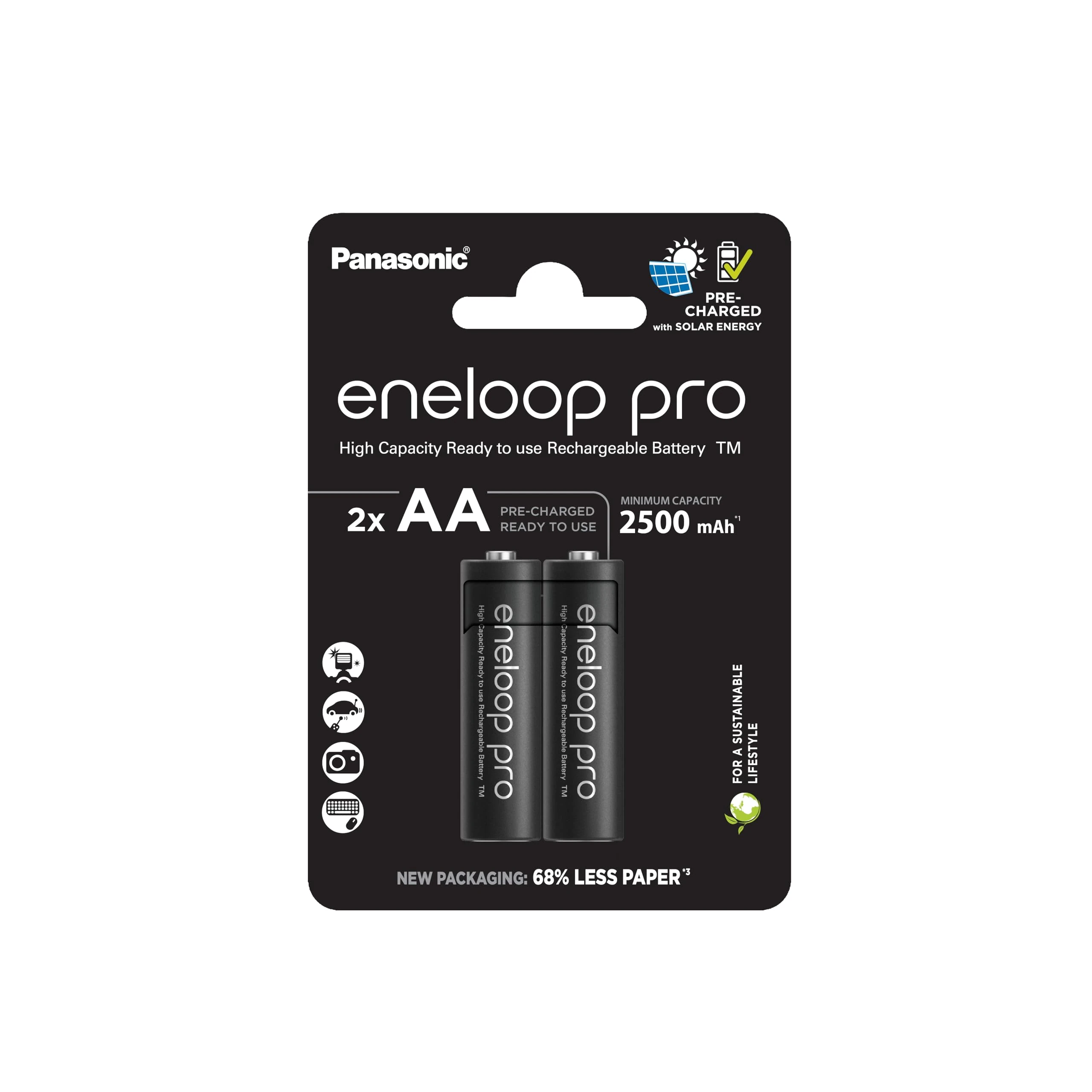 eneloop Pro, AA/Mignon, Rechargeable Battery, Pack of 2, Capacity of 2500 mAh, Ready-to-Use Ni-MH Batteries, 500 Recharge Cycles, Plastic Free Packaging, Pro, Black