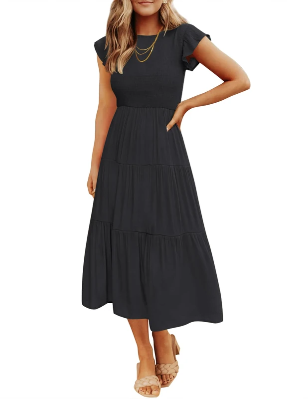 ZESICA Women's 2023 Summer Casual Flutter Short Sleeve Crew Neck Smocked Elastic Waist Tiered Midi Dress, Allblack, L