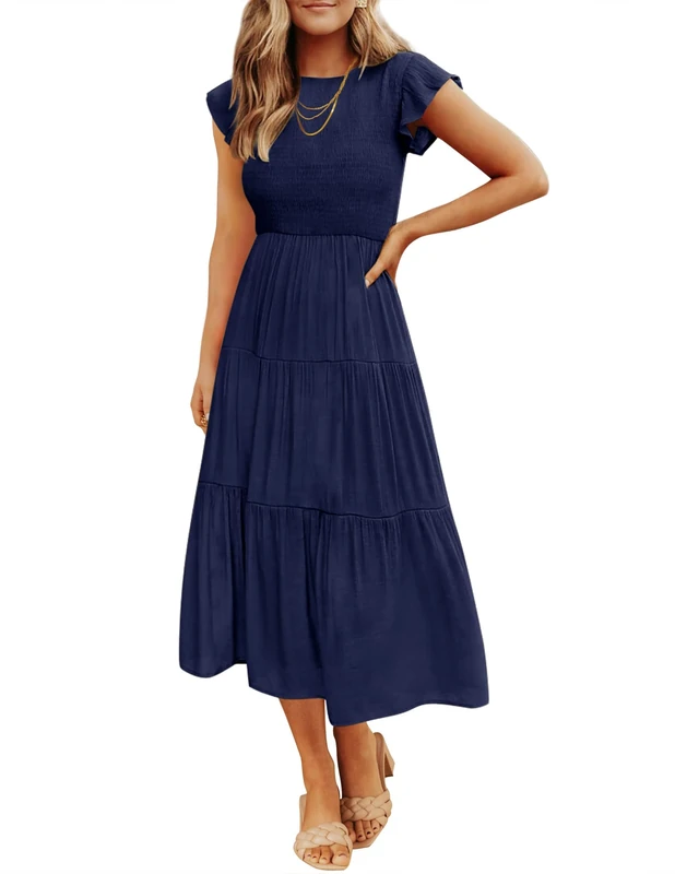 ZESICA Women's 2024 Summer Casual Flutter Short Sleeve Crew Neck Smocked Elastic Waist Tiered Midi Dress, Royal Blue, S
