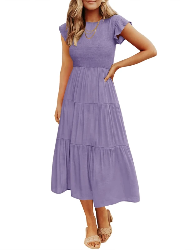 ZESICA Women's 2023 Summer Casual Flutter Short Sleeve Crew Neck Smocked Elastic Waist Tiered Midi Dress, Violet, S