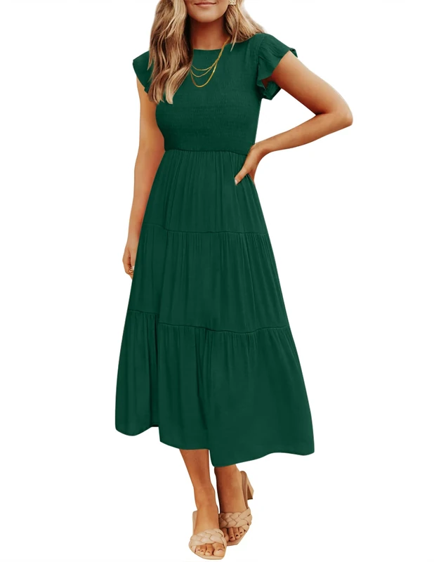 ZESICA Women's 2024 Summer Casual Flutter Short Sleeve Crew Neck Smocked Elastic Waist Tiered Midi Dress, Dark Green, L