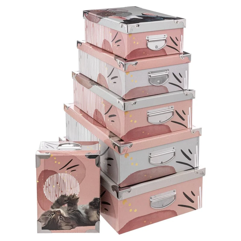 Five Set of 6 Storage Boxes with Handles and Corners Metal Decorative Animals