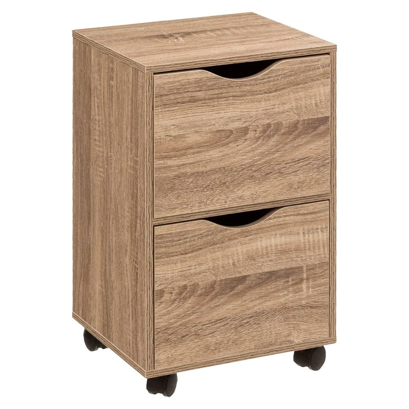 Five Tower Storage Unit with 2 Drawers on Wheels Natural Wood Height 56 cm