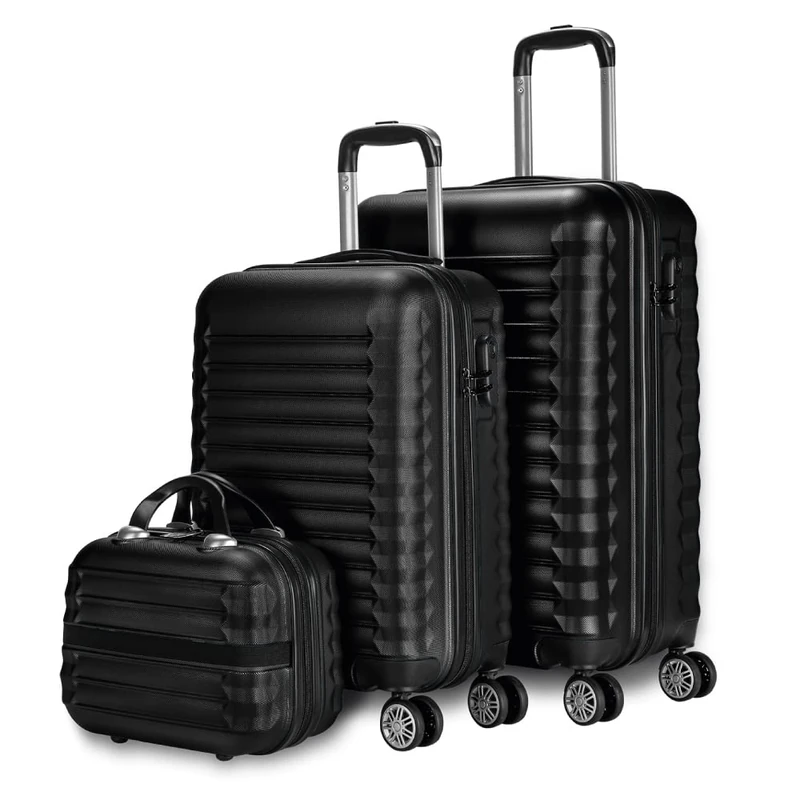 NUMADA Hard Case Set 3/4 Pieces – Cabin Suitcase 53 cm, Medium 63 cm, Large 75 cm and Toiletry Bag – Durable, Lightweight and Safe, 1. Black, 3 Piezas, Eco Friendly ABS Travel Suitcase Set, 4 Double