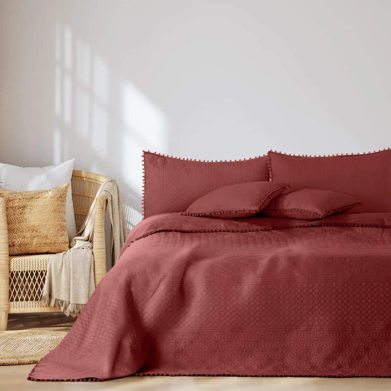 AmeliaHome Bedspread with Pompoms 200 x 220 cm Bedspread Double-Sided Ultrasonic Quilting Polyester Meadore Dusky Pink