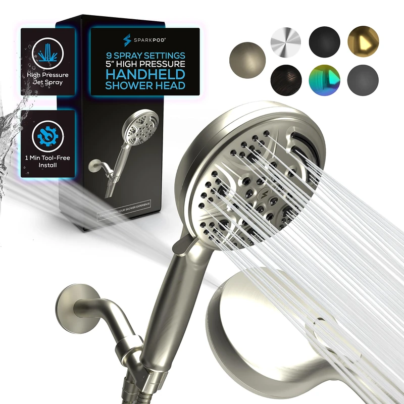 SparkPod 5 Inch 9 Function Shower Head - Handheld High Pressure Jet with On/Off Switch, Pause and Waterfall Setting- Premium ABS Removable Handheld Shower Head with Hose (Brushed Nickel) - Image 1