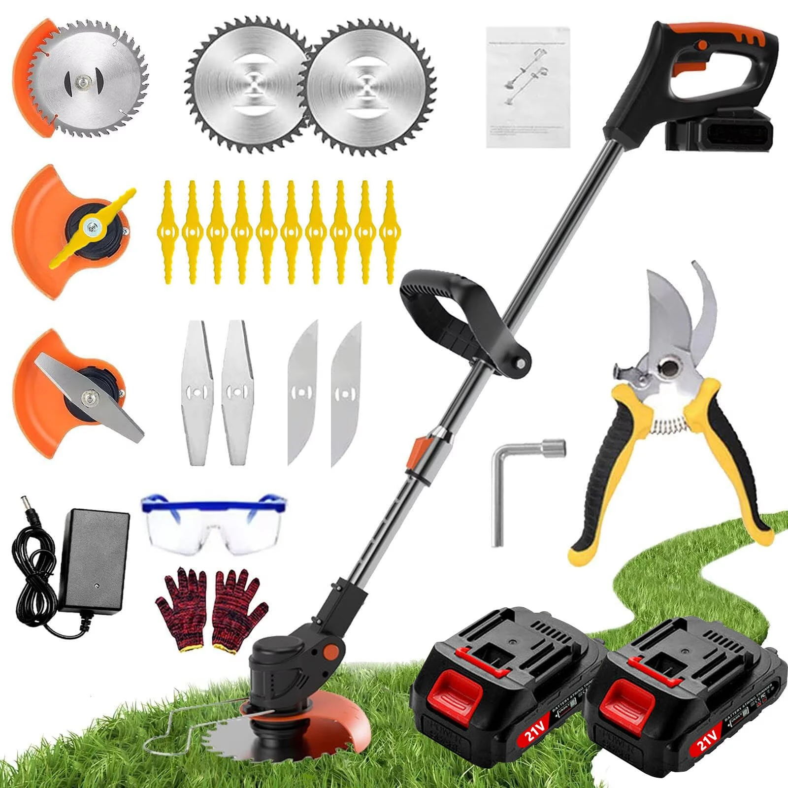 Gompuy Strimmer, Cordless Garden Strimmer with Blades, Grass Trimmer 90° Head Adjustment, Electric Strimmer with 2 X 21V Battery and UK Charger, Brush Cutter is Suitable for Small and Medium Gardens