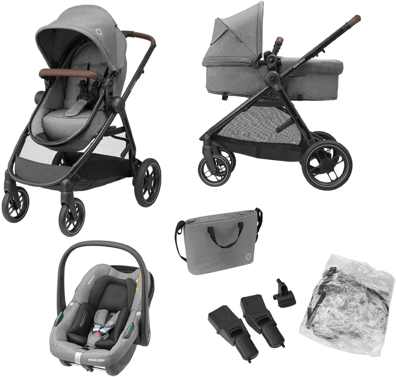 Maxi-Cosi Zelia S Trio 3-in-1 Prams Travel System, 0 - 4 Years, Up to 22 kg, Foldable, Compact and Reclining Baby Pushchair, with CabrioFix S i-Size Baby Car Seat, Accessories, Nursery Bag, Grey