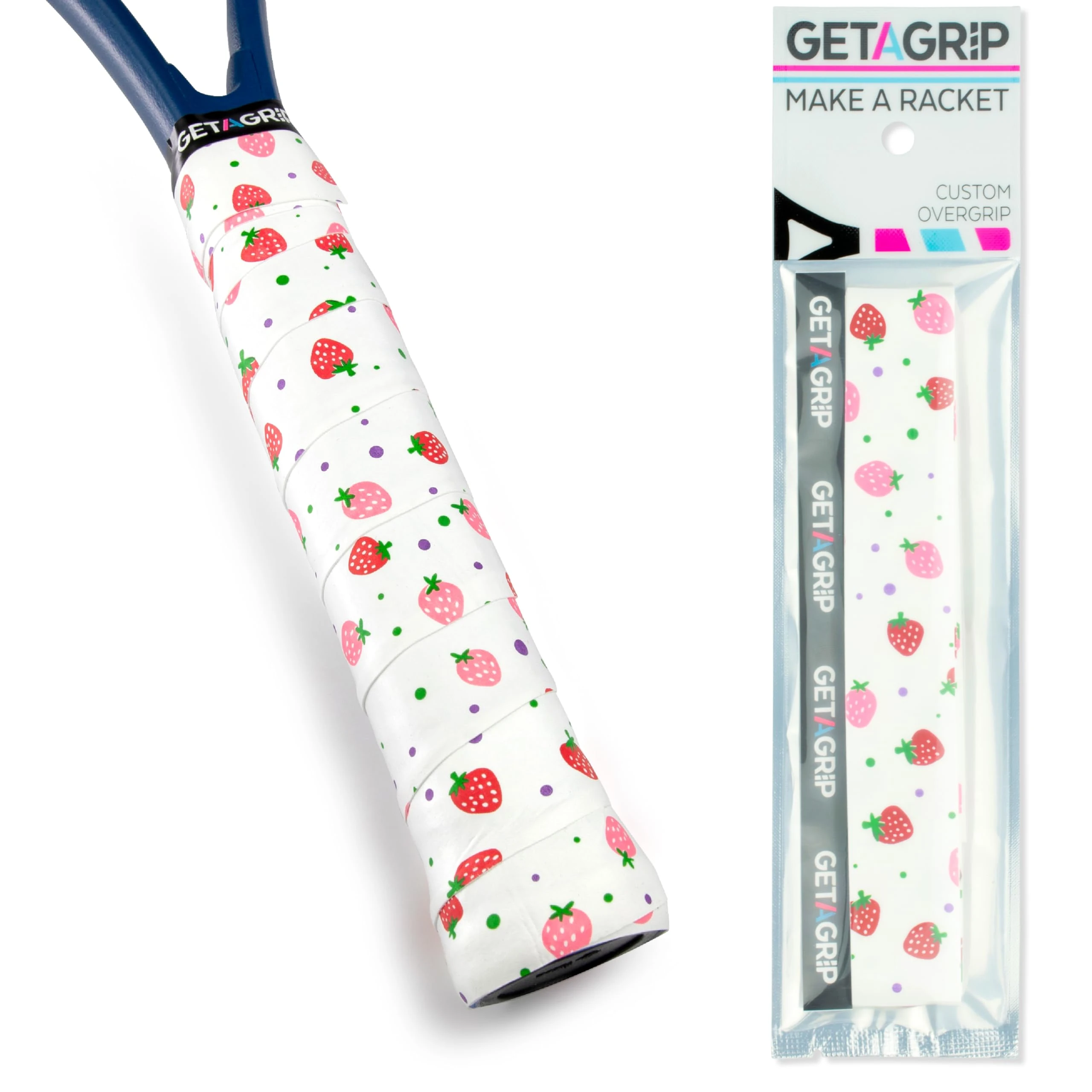 GET A GRIP - Custom Tennis Racket Grip Tape - Anti-Slip/Quick-Drying Tennis Overgrips - Precut Badminton Racket Grip with Finishing Tape - Squash Racket Grip Tapes (Strawberries & Cream, 1 Grip)