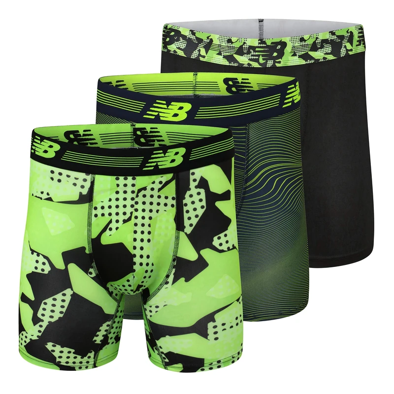 New Balance Men's Ultra Soft Performance 6" Boxer Briefs with No Fly (3-Pack of Underwear), Black/Hi-light Shckwve/Energy Lime Pxl, XXXXXL
