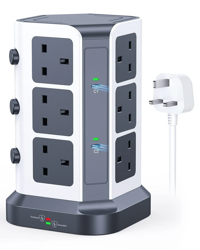 KOOSLA [65W] PD Tower Extension Lead Surge Protection, Multi Plug Extension with 12 Widely Spaced AC Outlets / 2 USB-C / 3 USB-A Ports, 2M Heavy-Duty Extension Cord for Home Office