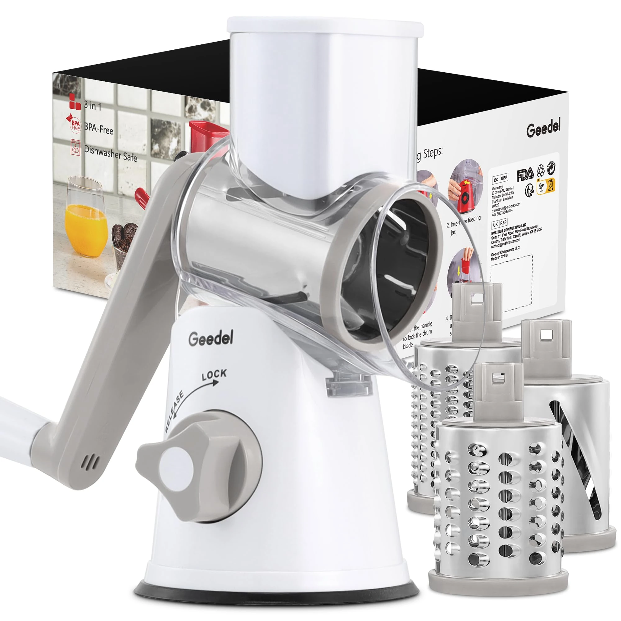 Rotary Cheese Grater, Vegetable Slicer with Three Drum Blades, Grater for Kitchen Faster and Easy Cutting, Rotary Drum Grater Ideal for Cheese, Cucumber, Carrot. etc.