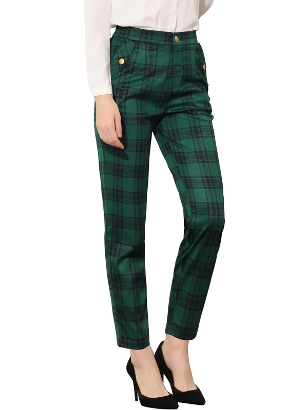 Allegra K Women's Vintage Tartan Plaid Pants Elastic Waist Straight Long Trousers, Green, Large