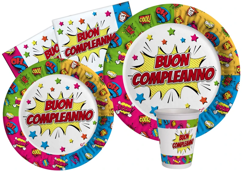 Ciao AZ131 Happy Birthday Table Party Kit Comics pers (112 pcs Plates Ø23cm, p Ø18cm, Glasses, 40 tov) eco-Friendly, Multicolour, 24 People