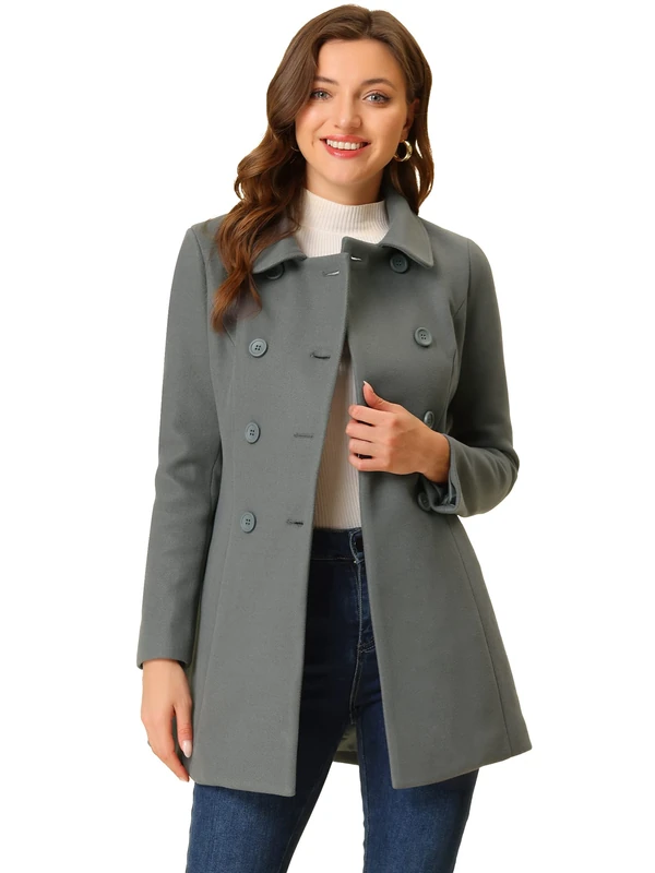Allegra K Women's Peter Pan Collar Double Breasted Winter Long Trench Pea Coat, Dark Grey, S