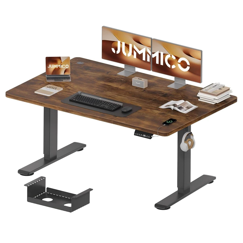 JUMMICO 140 x 70 cm Electric Standing Desk with USB Charging, Sedentary Reminder Height Adjustable Standing Desk, Sit Stand Desk, Adjustable Desk Stand Up Desk for Home Office, Rustic Brown & Black