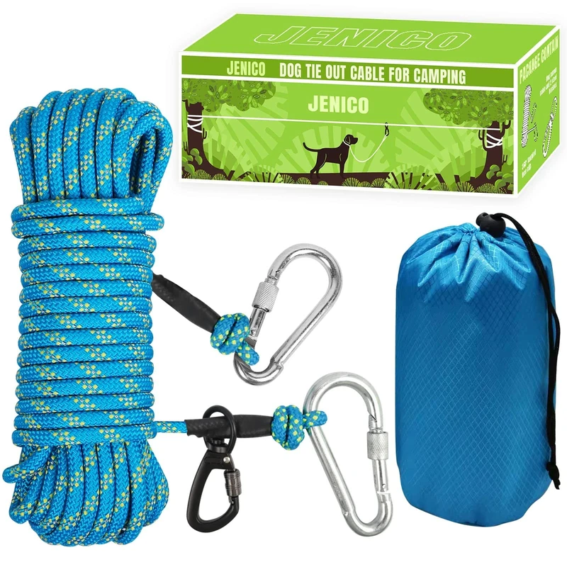 Dog Tie Out Cable for Camping - 50ft/70ft/100ft Portable Reflective Overhead Trolley System for Dogs up to 300lbs - Dog Lead for Yard Camping | Parks | Outdoor Events Blue