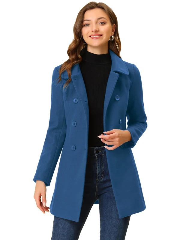 Allegra K Women's Peter Pan Collar Double Breasted Winter Long Trench Pea Coat, Dark Grey Blue, L