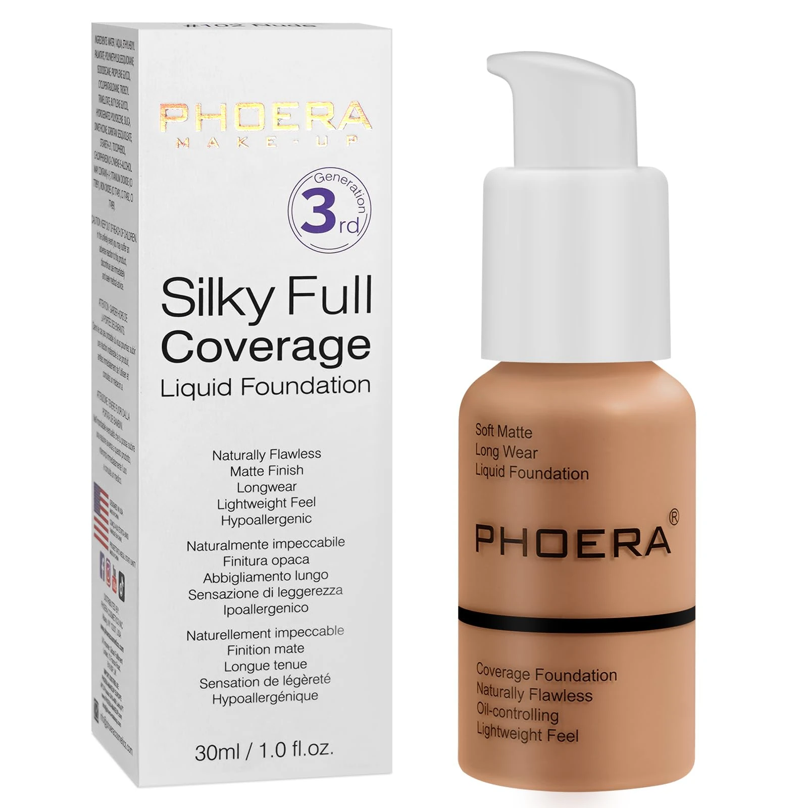 PHOERA Matte Liquid Foundation, Full Coverage Concealer, 30ml 24HR Oil Control Makeup for Women (107- Hone)