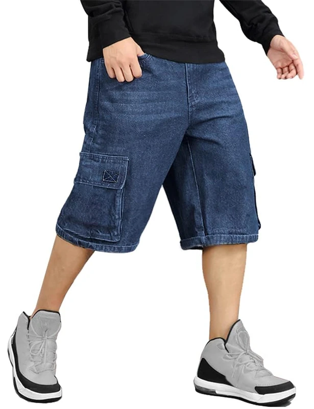 IDEALSANXUN Baggy Jean Shorts for Men Jorts Casual Loose Fit Long Denim Shorts, Cargo Blue, 40