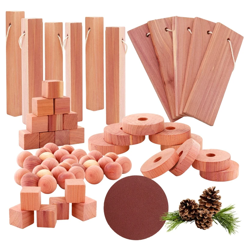 Yizhet Cedarwood Moth Repellent, 51 PCs Cedarwood Blocks, Balls, Discs, Rings, Natural Cedar Moth Repellent for Wardrobes, Drawers, Clothes Storage