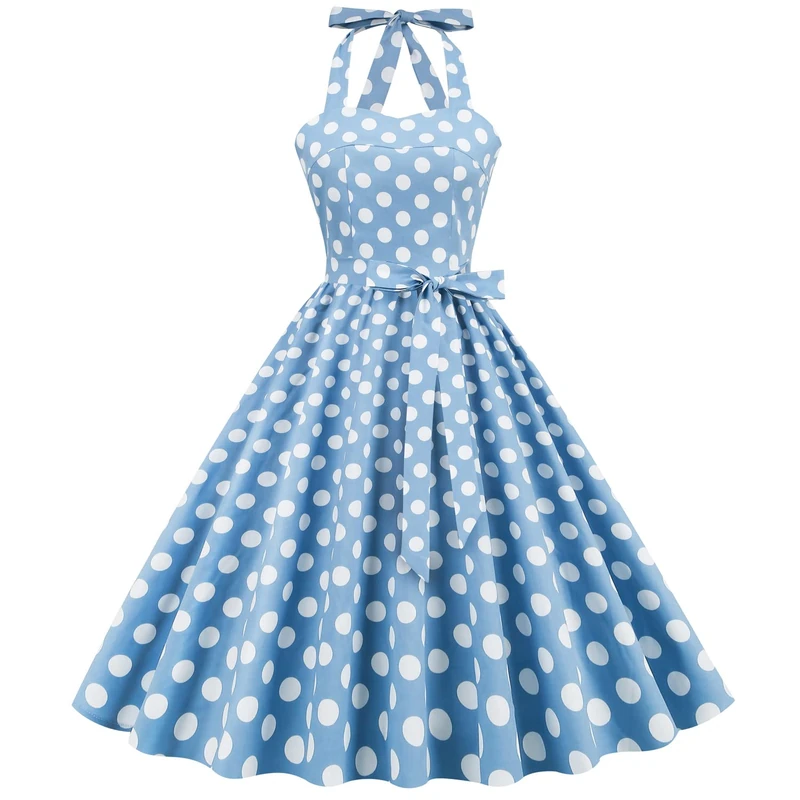 Women 50s Vintage Polka Dot Halter Cocktail Swing Dress Buttons Floral 1950s Rockabilly Audrey Hepburn Prom Tea Party Dress, Blue-Halter, Small