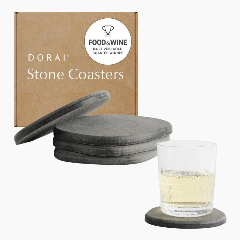 Dorai Home Stone Coaster Set – Eliminates Watermarks and Dries Instantly – Functional Design Created for The Modern Home – Set Includes Four Modern Coasters – Slate Stone