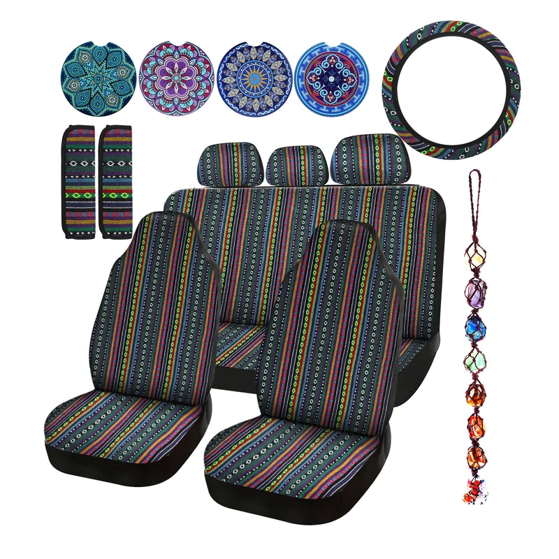Frienda 14 Pcs Baja Car Seat Covers Full Set Multicolor Stripe Car Seat Covers Boho Print Steering Wheel Cover Seat Belt Cover Crystal Hanging Ornament Car Holders Fits for Car(Stylish Style)