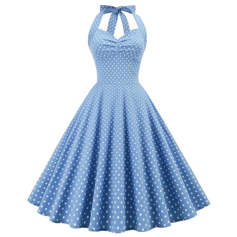 Women 50s Vintage Polka Dot Halter Cocktail Swing Dress Buttons Floral 1950s Rockabilly Audrey Hepburn Prom Tea Party Dress, Blue-Retro, Medium