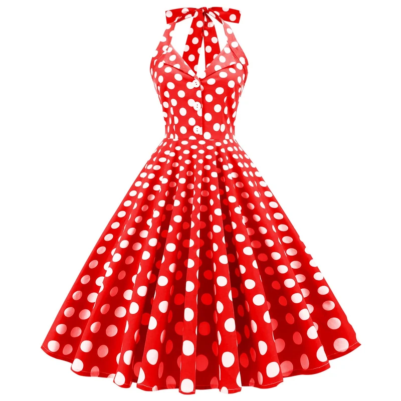 Women 50s Vintage Polka Dot Halter Cocktail Swing Dress Buttons Floral 1950s Rockabilly Audrey Hepburn Prom Tea Party Dress, Red-Button, Large