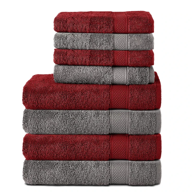 Komfortec Set of 8 Hand Towels 100% Cotton, 4 Bath Towels 70 x 140 cm and 4 Hand Towels 50 x 100 cm, Terry Clothing, Soft, Large Towel, Anthracite Grey/Aurora Red