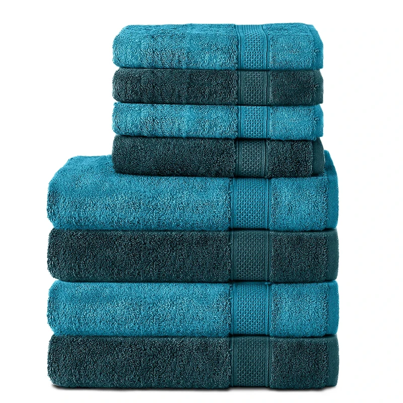 Komfortec Set of 8 Hand Towels 100% Cotton, 4 Bath Towels 70 x 140 cm and 4 Hand Towels 50 x 100 cm, Terry Clothing, Soft, Large, Turquoise/Petrol