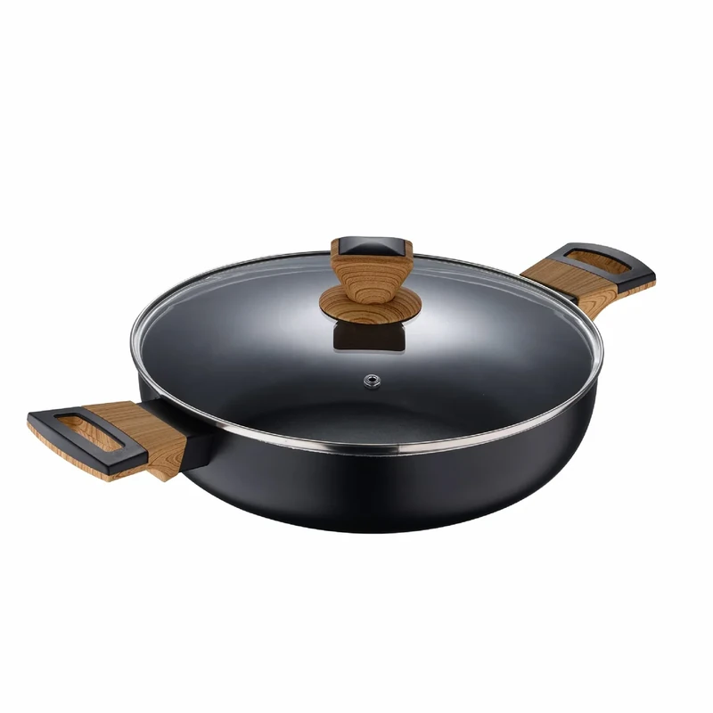 BERGNER Earth Cooking Pot Low Saucepan 28 cm with Lid Grey Pressed Aluminium with Ergonomic Wooden Handles Kitchen Accessories Suitable for All Hob Types