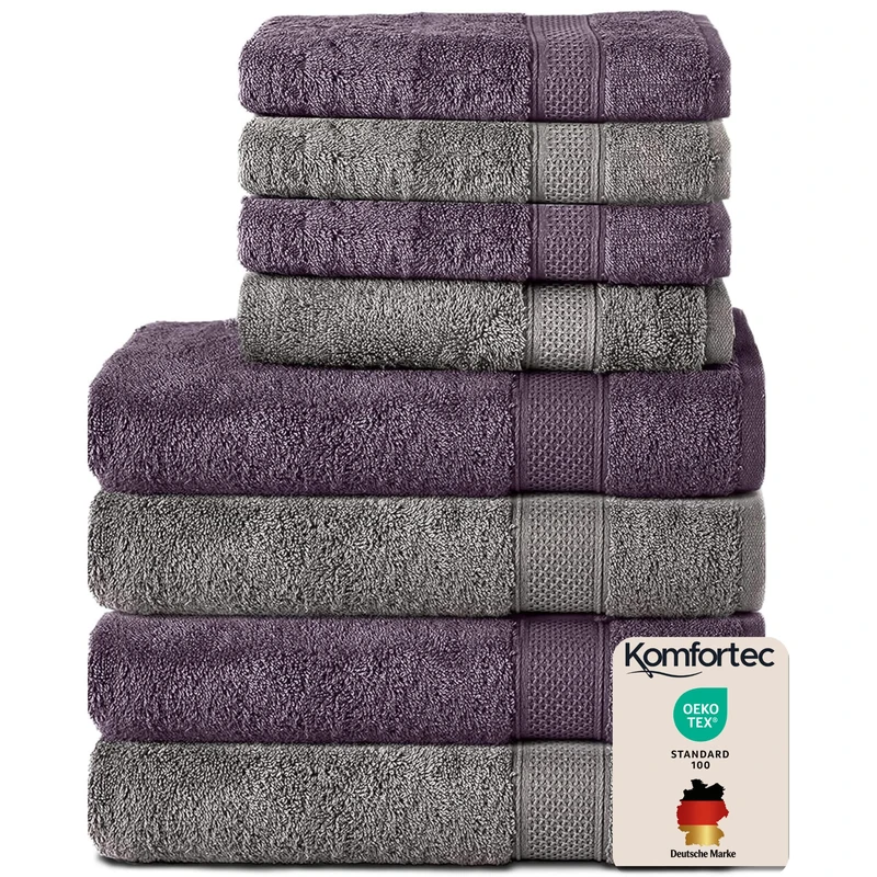 Komfortec Set of 8 Hand Towels 100% Cotton, 4 Bath Towels 70 x 140 cm and 4 Hand Towels 50 x 100 cm, Terry Clothing, Soft, Large, Anthracite Grey/Purple