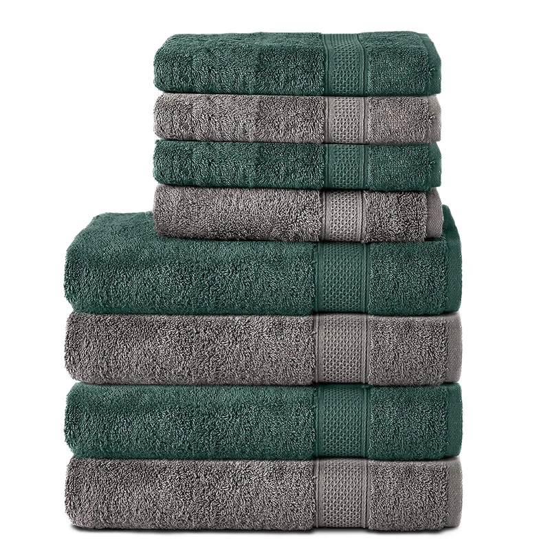 Komfortec Set of 8 Hand Towels 100% Cotton, 4 Bath Towels 70 x 140 cm and 4 Hand Towels 50 x 100 cm, Terry Clothing, Soft, Large, Anthracite Grey/Dark Green