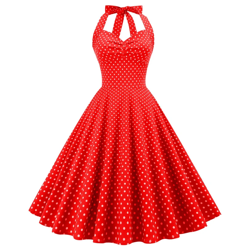 Women 50s Vintage Polka Dot Halter Cocktail Swing Dress Buttons Floral 1950s Rockabilly Audrey Hepburn Prom Tea Party Dress, Red-Retro, Medium