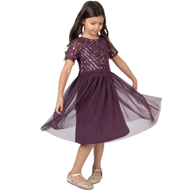 Maya Deluxe Midi Girls Dress for Wedding with Sequin Embellishment Short Sleeve Prom Birthday Bridesmaid Berry Size 9-10 Years