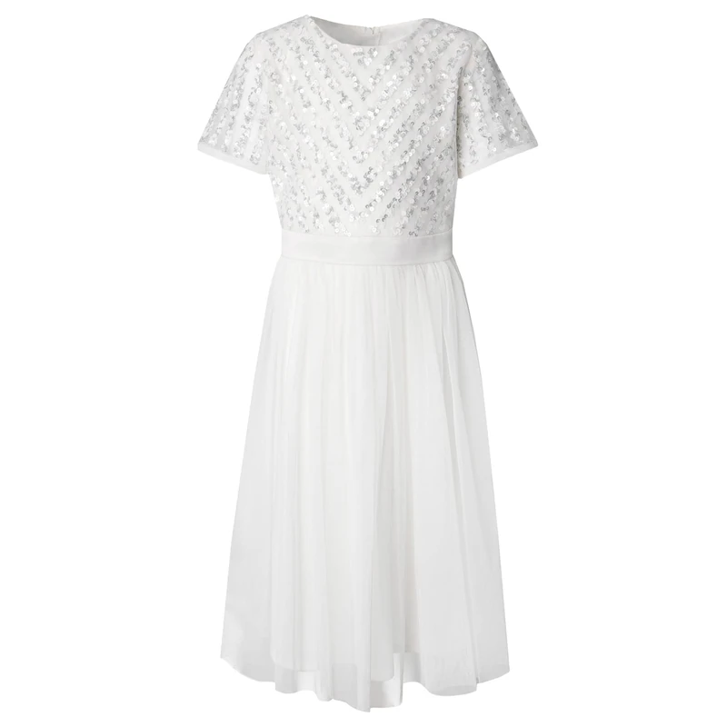 Maya Deluxe Midi Girls Dress for Wedding with Sequin Embellishment Short Sleeve Prom Birthday Bridesmaid Ivory Size 9-10 Years