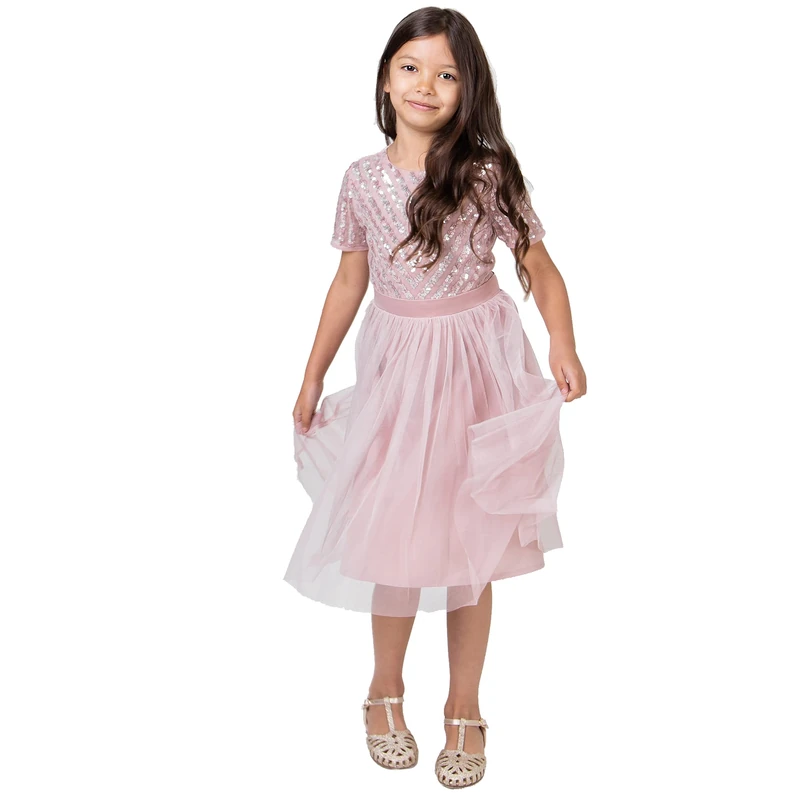 Maya Deluxe Midi Girls Dress for Wedding with Sequin Embellishment Short Sleeve Prom Birthday Bridesmaid Frosted Pink Size 9-10 Years