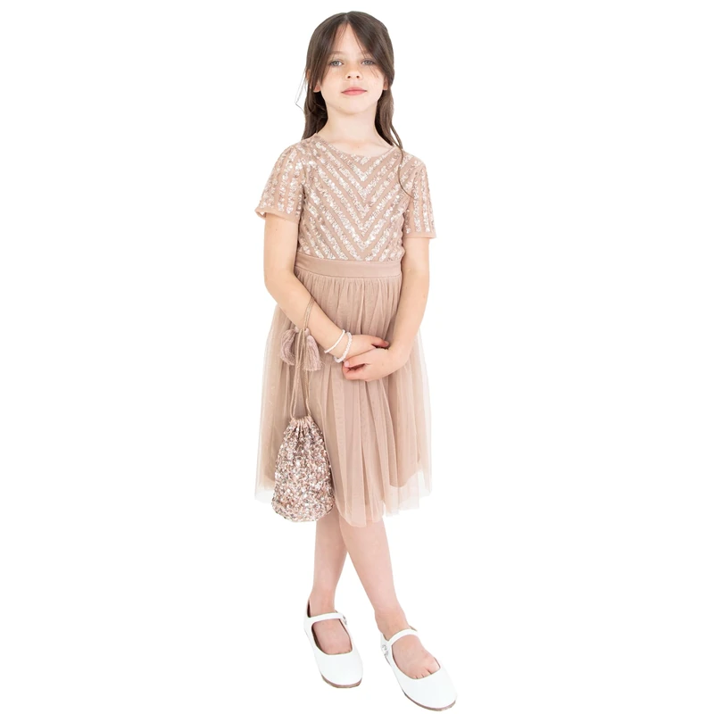 Maya Deluxe Girl's Midi Dress for Wedding with Sequin Embellishment Short Sleeve Prom Birthday Party Bridesmaid, Taupe Blush, 7-8 Years PL1-1463