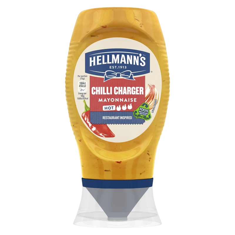 Hellmann's Chilli Charger Mayonnaise Condiment 100% recyclable squeeze bottle spicy mayo for burgers, sandwiches and chips 250 ml