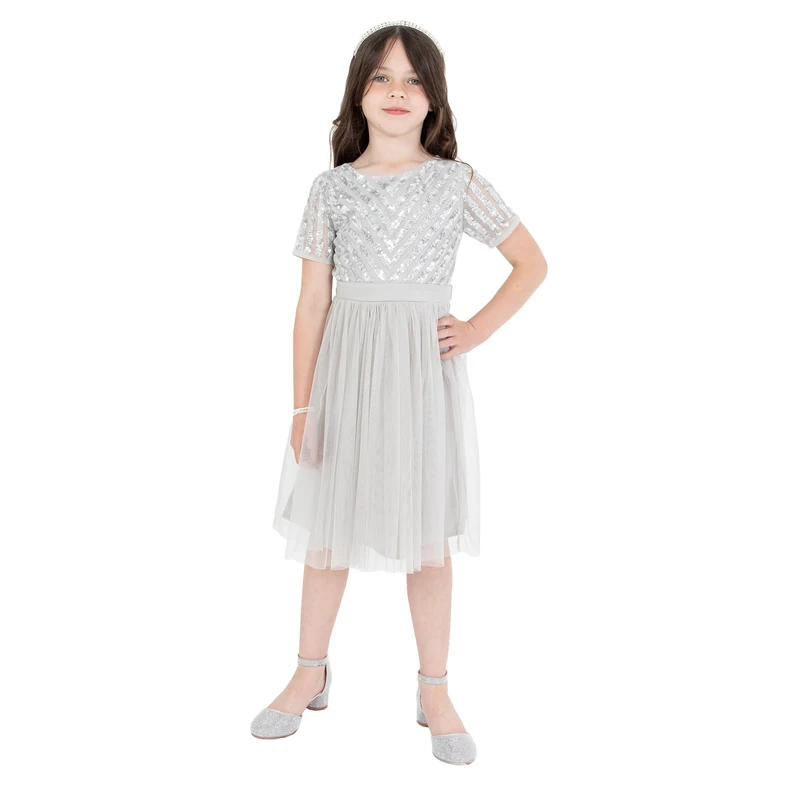 Maya Deluxe Midi Girls Dress for Wedding with Sequin Embellishment Short Sleeve Prom Birthday Bridesmaid Soft Grey Size 5-6 Years