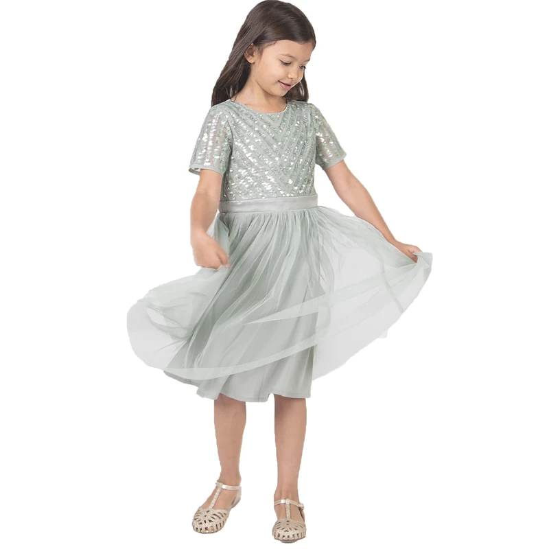 Maya Deluxe Midi Girls Dress for Wedding with Sequin Embellishment Short Sleeve Prom Birthday Bridesmaid Green Lily Size 7-8 Years